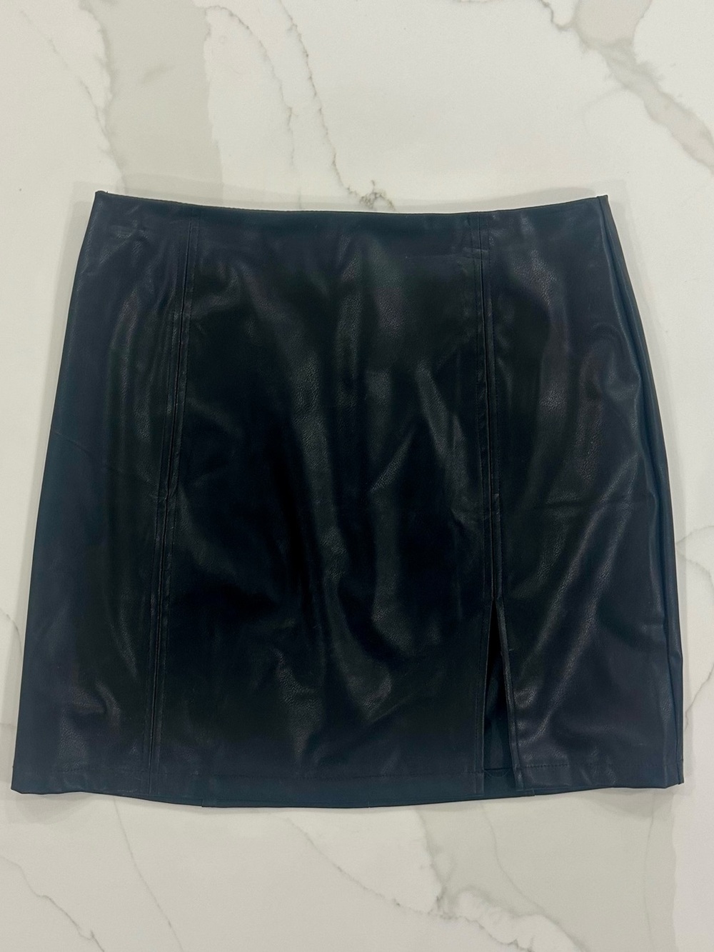 Black Faux Leather Mini Skirt with Side Slit